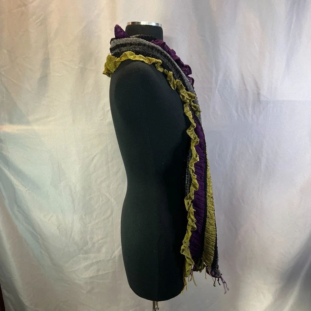 Boho Ruffle Scarf Multicolor Striped Metallic Knitted Crinkle Fringe Shawl Wrap